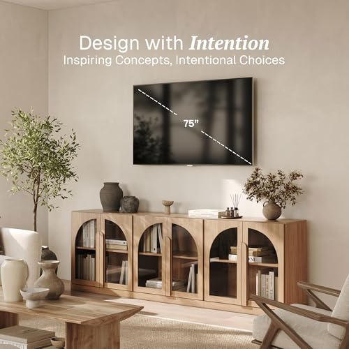 Image of BELLEZE Bijou Set of 3 Modular Sideboard Cabinets (94.5 inch Extra Long) - 6-Door Media Console Sideboard - Modern Arched Glass Buffet Credenza for Large Living Area- Camel
