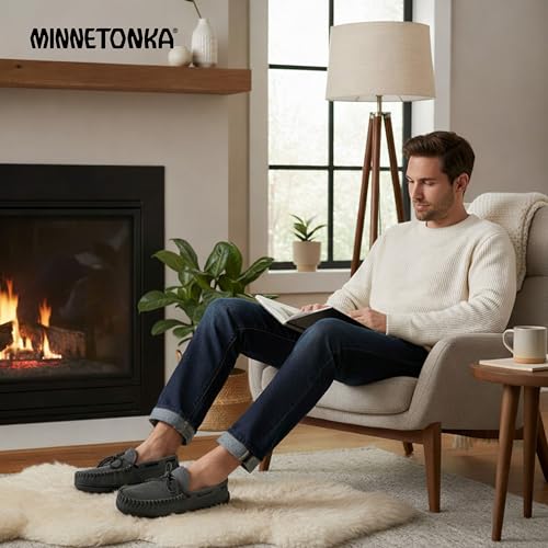 Image of Minnetonka Plaid Lined Hardsole - Moccasin Slippers for Men Made with Suede Upper, Rubber Sole, Plush Interior, Fleece Lining, Rawhide Lace, and Traditional Moccasin Design