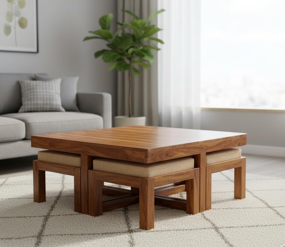 Image of Coffee Table with 4 Stools, Natural Finish