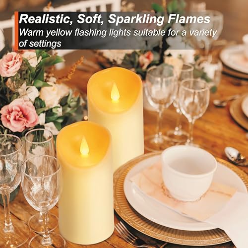 Auralome LED Battery Operated Candles - 6”x3” Remote Control Timer Pillar Candle Flameless Realistic Flickering Large Plastic LED Candle Outdoor Electric Fake Artificial Church Candle Ivory Set of 2 - Image 4