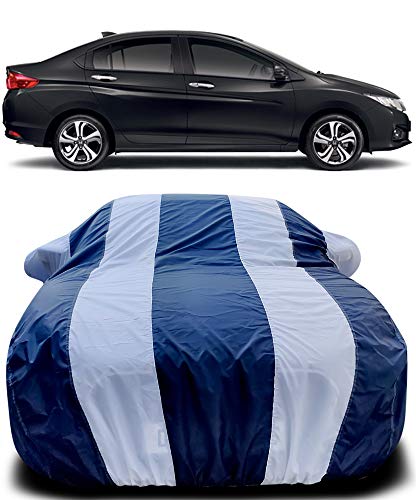 Image of PURPLEHEART Car Body Cover Compatible with Honda City i-VTEC Mirror Pocket Triple Stitched Bottom Elastic Water Resistant UV Protection & Dustproof Car Cover-Blue & White