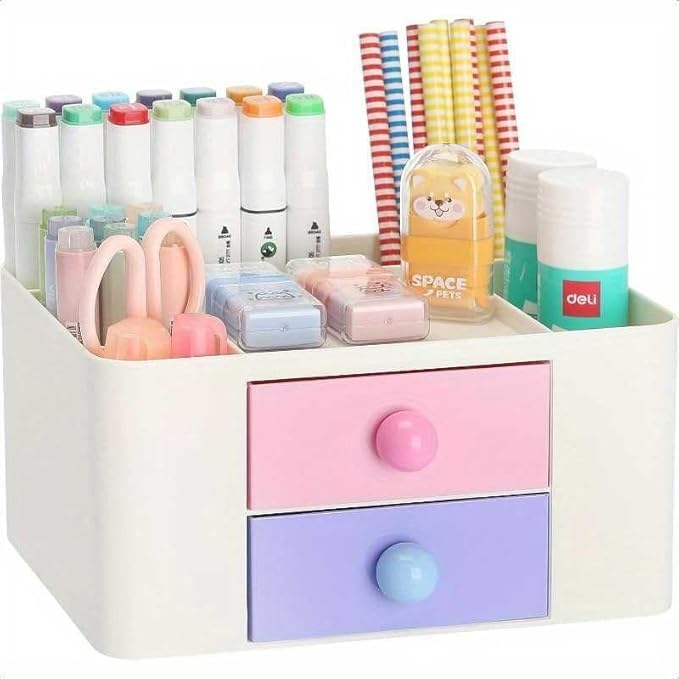 Desk Organizer with 2 Drawers (Rainbow Color) | Multipurpose Desktop Storage Organizer | Stationery & Office Supplies Holder for Home, Office & Study-image-15