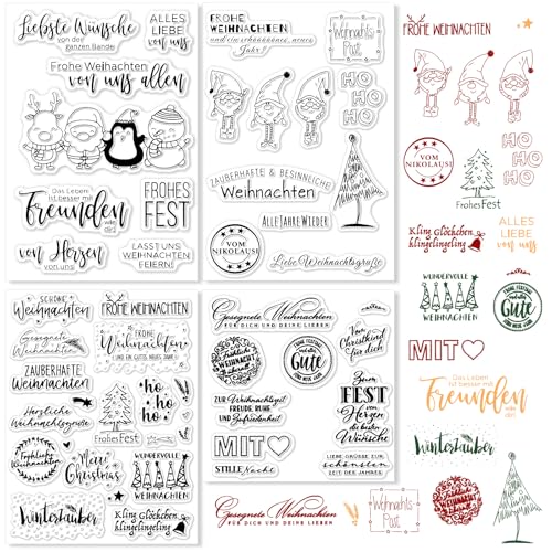 LERKNVOE Stempel Weihnachten 4 Blätter Silikon Weihnachtsstempel Silikonstempel Frohe Weihnachten Stempel Set Personalisierter Merry Christmas Stamps Deutsch Für DIY Geschenk Kartenherstellung