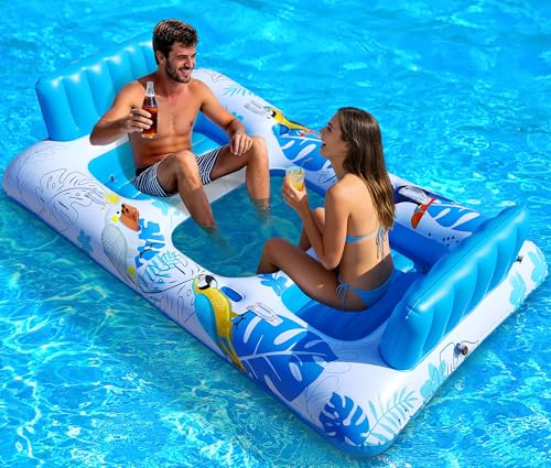 Luxfero Matelas Gonflable Piscine, 220 X 110cm Bouée Piscine Adulte pour 2 Personnes, Matelas Gonflable Bronzage avec Porte-Gobelets et Porte-TéLéPhone,...