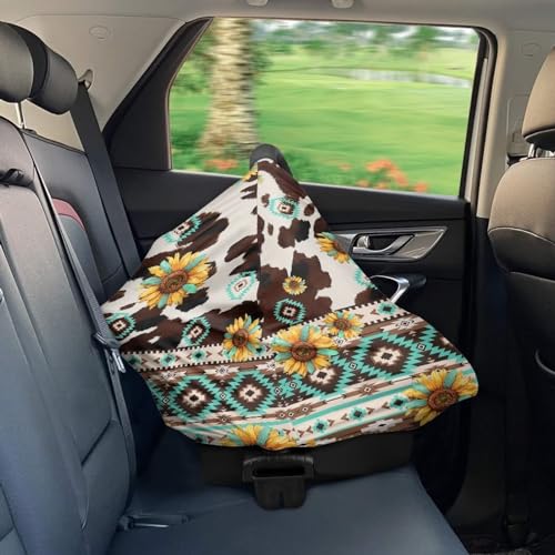 Image of Binienty Aztec Geometric Sunflower Cow Print Baby Car Seat Cover, Stretchy Fabric Carseat Canopies, Multi Use High Chair /Shopping Cart /Stroller Cover