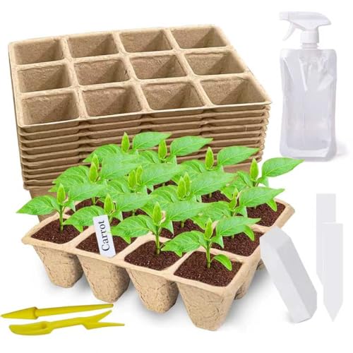 Doubleggs 120 Cells Seed Starter Tray, 10 Pack Biodegradable Peat Pots with 100 Labels, Plant Starter Kit for Seedlings