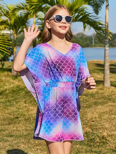 Image of Haloumoning Girls Chiffon Swim Beach Cover Up Kids Cute Elastic Waist Printed Bathing Suit Coverups 5-14 Years