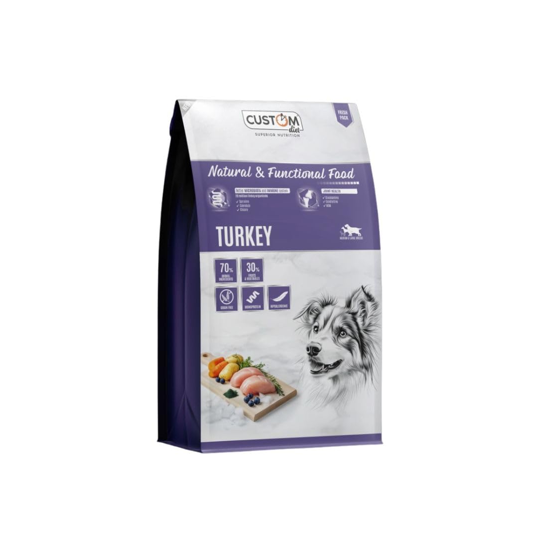 Custom Diet - Pienso Turkey 10 kg – Pienso Completo para Perros Adultos con Pavo Premium, Digestión Suave, Salud Intestinal & Pelaje Brillante