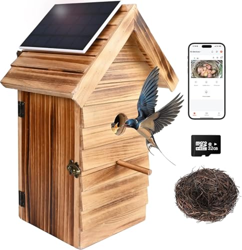 Bird House with Camera Smart Birdhouse with Camera Solar Power 2.4G WiFi & App Notify 160 Wide Wireless 1080P HD Solar Powered Birdhouse (Dark Color)