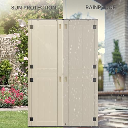 Image of YITAHOME 60 cu ft Tall Outdoor Storage Shed w /o Shelf, Resin Vertical Outdoor Storage Shed, Large Waterproof Storage Cabinet for Garage, Poolside, and Garden (Khaki + Black)