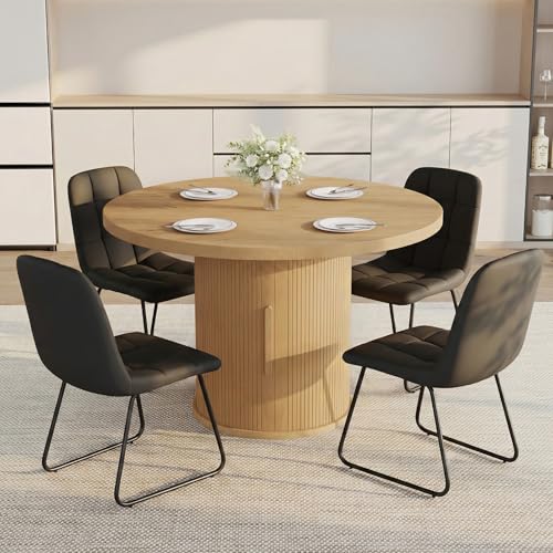 Image of 5-Piece Dining Set for Small Spaces 43.3 inch Round Table & 4 PU Leather Chairs, Modern Farmhouse with Storage Shelf, Apartment Kitchen Easy Assembly (Natural Color Round Table + 4 Modern Black Chairs)