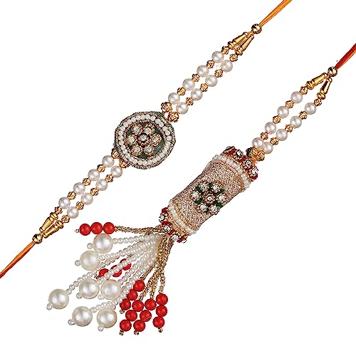 Image of eCraftIndia Diamonds, Pearls Floral Designer Bhaiya Bhabhi Rakhi Set with Roli Chawal Pack - for Brother, Bhaiya, Bhai - Lumba Rakhi for Bhabhi