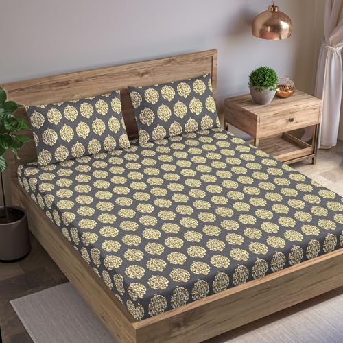 Image of Trance Home Linen 200TC 100% Cotton 75 inchx60 inch Double Bed Size Elastic Fitted Bedsheet | Printed Double Size Bed Elasticated Fitted Bedspread with 2 Pillow Covers (75x60 inch, Damask Warm Grey Mustard)