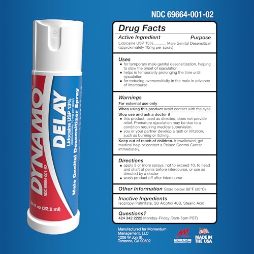 dynamo delay spray for men  13 lidocaine numbing spray to help you last longer in bed  1 pack climax control  fda compliant 075 fl oz