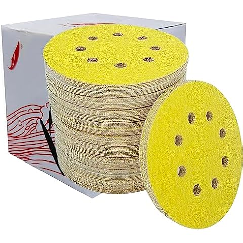 M-jump 100 Pack 5 Inch Sanding Discs, 100 Grit Hook and Loop Sandpaper for Woodworking or Automotive, 8 Hole Gold Premium Dustless Random Orbit Sandpaper Cover