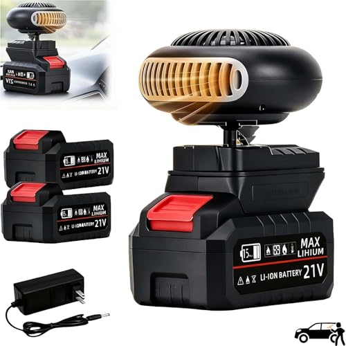 Battery Operated Heater, Battery Powered Heater for 18V-21V Batteries, Cordless Space Heater with 360° Rotation, Portable Heater for Car, Camping, Tent and Office (2 Batteries)