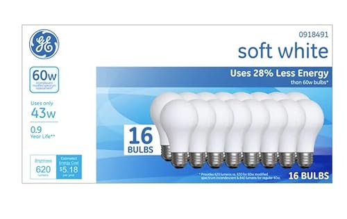 (16 Bulbs) Ge 32016 Classic 43-Watt Dimmable Soft White A19 Halogen Light Bulbs #TOP1