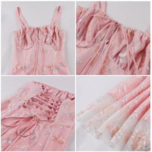 Image of Women Floral Corset Dress 2026 Boho Midi Sundress Summer Dress | Flowy A-Line Dress with Adjustable Spaghetti Straps Lace Up Back Front Slit High Waist for Vacation Wedding Guest