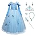 Monissy Costume Reine des Neiges Princesse Elsa Robe Bleu Dentelle Manche Longue Tulle Brillant Papillon Diadème Perruque Gant Baguette Déguisement Halloween Anniversaire