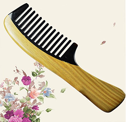 Outop Wide Tooth Ox Horn Comb Sandal Wood Comb with Long Handle