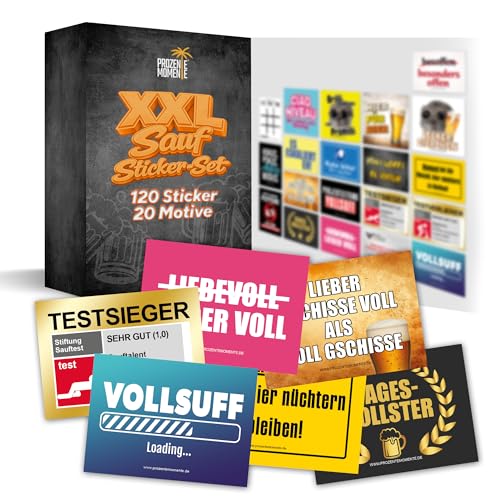 XXL Saufsticker Set mit 20 Motiven für jede Party Malle Party Festival Gadgets als Ballermann und Festivals Accessoires lustiges Stickerset witziges Aufkleberset Set (jedes Motiv 6x)