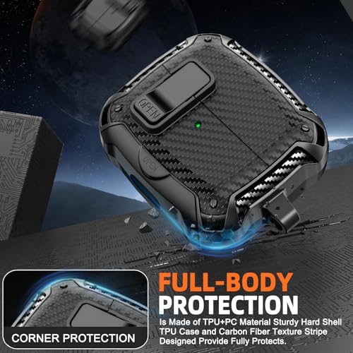 Image of Safety Lock Case for Samsung Galaxy Buds3 FE /Pro /3 (Black) | Compatible with MagSafe, Carbon fibre texture Design,with Phone Stand& Cleaning kit,Keychain,