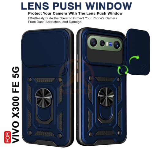 Image of Armor Bumper Back Cover Case for Vivo X300 FE 5G | Rotating Camera Cover, Ring Holder & Kickstand | Heavy Duty & 360 Degree Protection Back Cover (Blue)