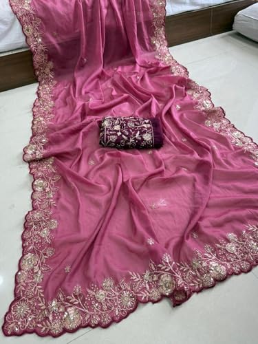 Image of SIRIL Women's Shimmer Georgette Scalloped Border Sequins Embroidery Saree with Unstitched Blouse Piece
