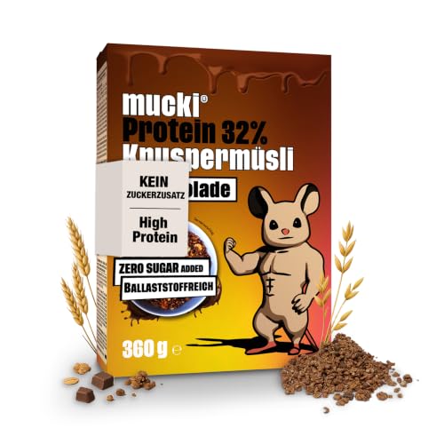 mucki Protein Knuspermüsli mit Schokolade 360g Single Pack Hochwertiges Protein Müsli ohne Zucker Proteinreiches Schokomüsli mit 32% Proteingehalt Haferflocken Sojacrispies und Ballaststoffen