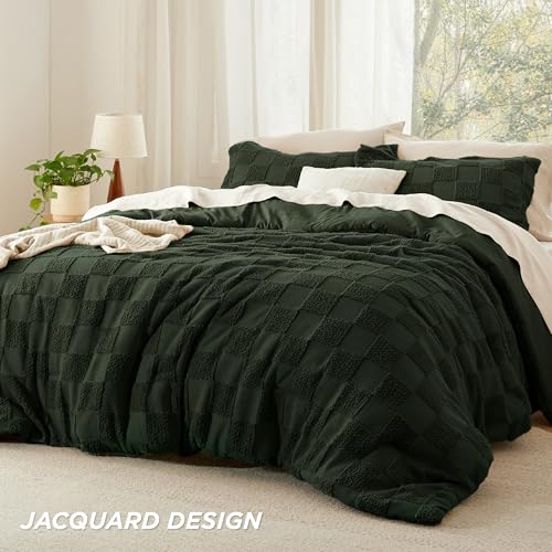 Image of Bedsure Full Size Comforter Set Dark Olive Green, Boho Tufted Bed Set, Checkered Farmhouse-Style Distressed Vintage Bedding, 3 Pieces, 1 Plaid Geometric Comforter and 2 Pillow Shams