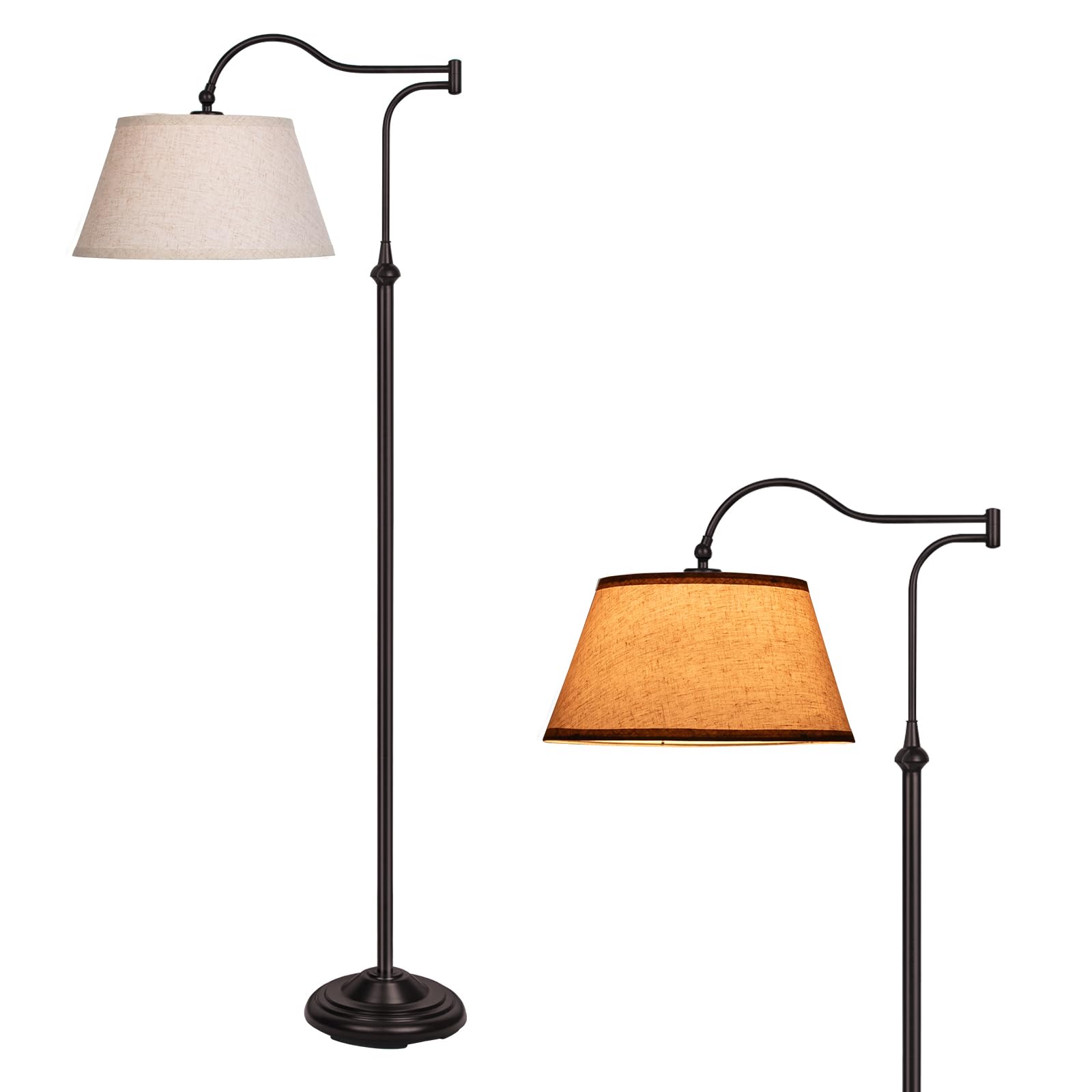 Lampa podłogowa z ramieniem obrotowym, lampy podłogowe łukowe z regulowanym ramieniem o zakresie 180° do salonu, lampa stojąca w stylu mid-century z lnianym kloszem, wysokie lampy do sypialni, salonu
