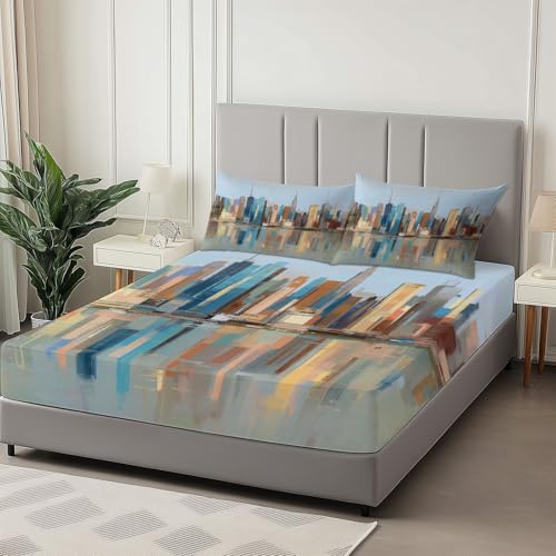 Drap Housse L'Horizon De New York Les Gratte Ciel, Housse de Matelas Protège en Microfibre avec Bonnet 30cm - Antidérapants Résistant aux Rides avec Taies...