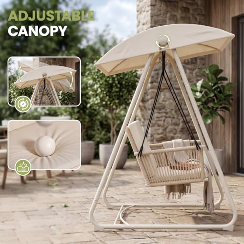 Image of Porch Swing with Stand, Outdoor Swing with Canopy, All Weather Outdoor Swings for Adults, 400lbs Heavy Duty Porch Swings with Removable Cushions, Single Hanging Chair for Small Space, Beige