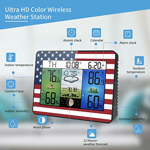 Geevon Weather Station Home Wireless Indoor Outdoor Temperature Humidity Monitor,Atomic Digital Clock Barometer Thermometer Hygrometer Color Forecast Station with Sensor(American Flag Pattern) - Thumbnail 6
