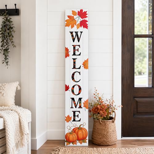Image of Vertical Wooden Fall Welcome Porch Sign,Rustic Autumn Porch Standing Sign,Decorative Leaning Sign for Front Entrance,Farmhouse Style Outdoor Welcome Decoration-47.2 inch H.