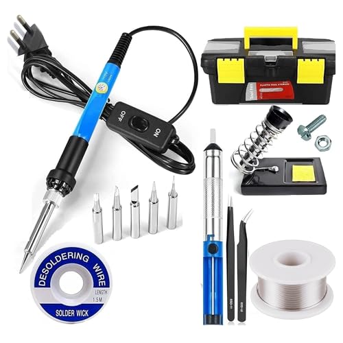 Image of Corslet Soldering Iron Kit Adjustable Temperature 5 Tips Soldering Iron 60 Watt Original Soldering Machine 50gm Solder Wire Desoldering Pump Solder Wick Tweezer Soldering Stand Plastic Box