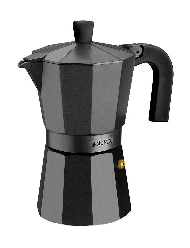 Monix Vitro Noir | Italian Aluminium Coffee Maker 12 Cups, Suitable for Glass-Ceramic, Gas and Electric, Not Suitable for Induction, Heat Resistant Handle