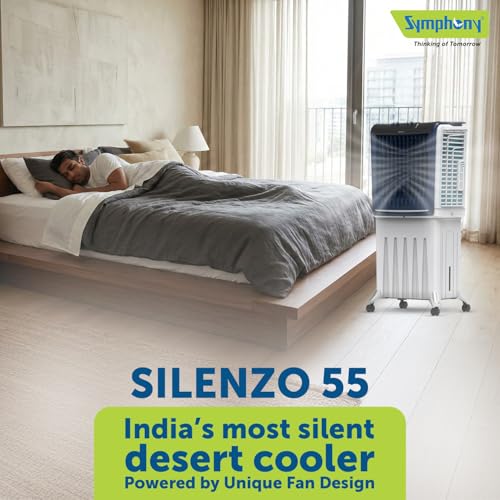 Image of Symphony Silenzo 55 Desert Air Cooler | Silent Operation | 3-Side Honeycomb Pads | Easy Fill | Auto Louver Movement | CFD Technology | 1-Year Warranty