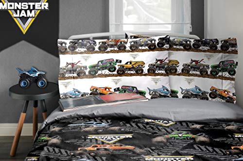 Image of Jay franco Monster Jam Tracks 4 Piece Twin Bed Set - Includes Comforter & Sheet Set - Bedding Features Grave Digger & Megalodon - Super Soft Fade Resistant Microfiber (Official Monster Jam Product) | Grave Digger Megalodon, Comforter Sheets Pillowcase, Official Product, Soft Microfiber, Machine Washable, Boys Gift