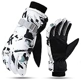 Livwellia Men's/Women's Warm Ski Gloves for Winter Outdoor Sports,Waterproof Windproof Snow Gloves with Adjustable Strap-White Black-S（Women）