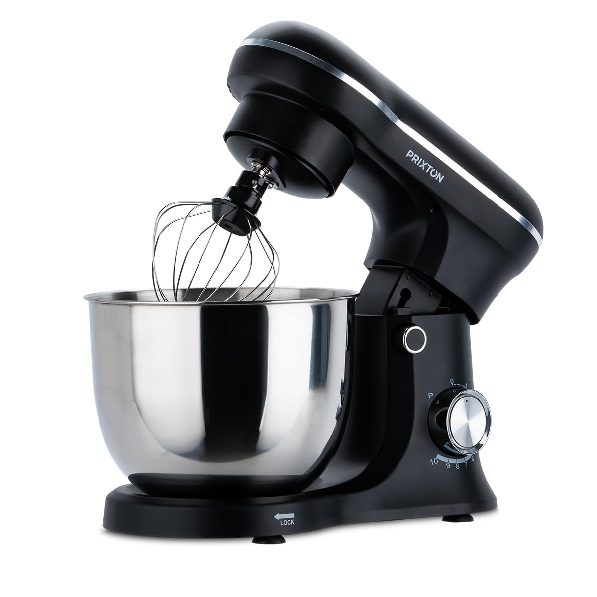 PRIXTON Batidora Amasadora KR250 para Repostería, Potencia 1500W, 10 Velocidades, Bol Acero Inoxidable de 5 litros, 3 accesorios, Tapa Transparente, Color Negro Mate