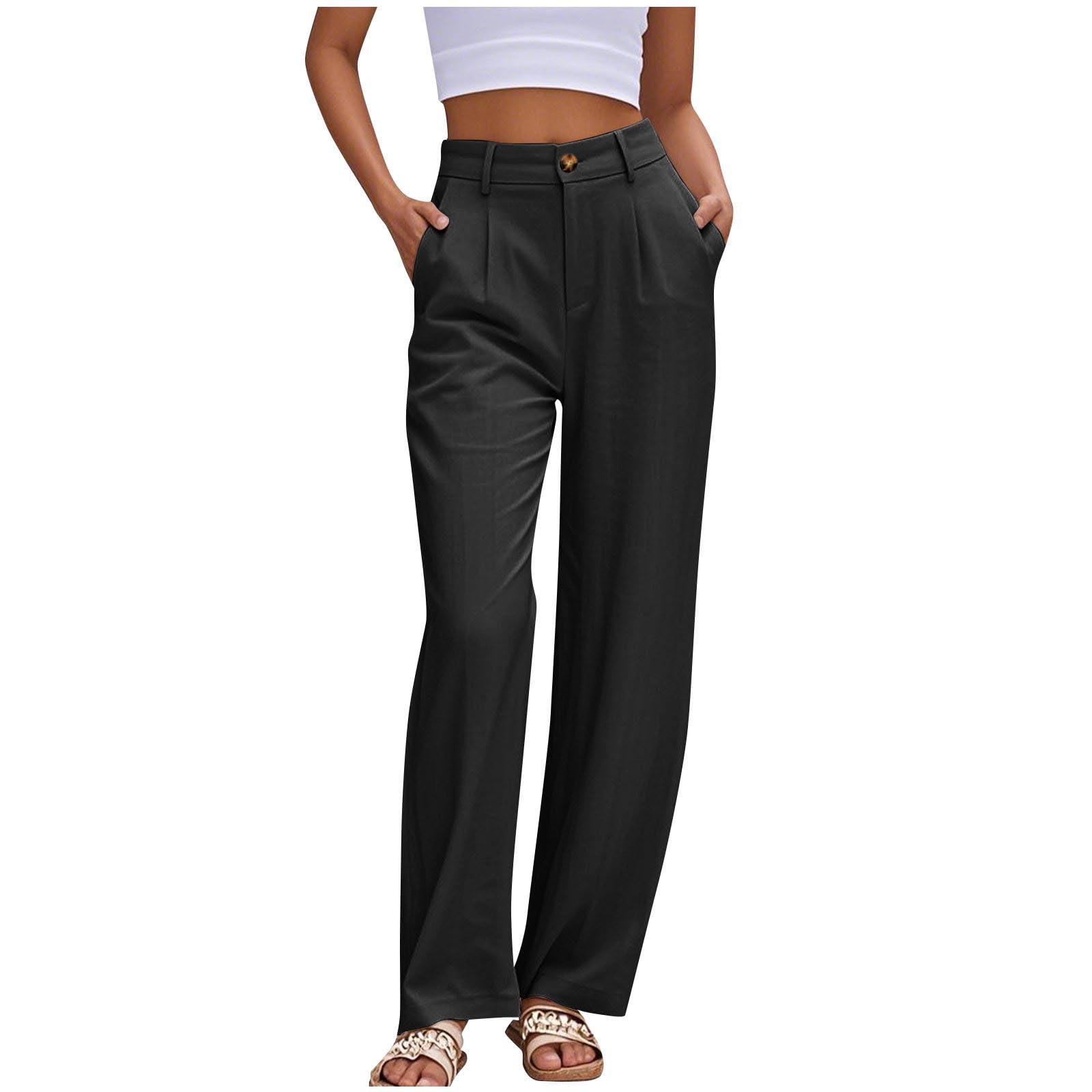 Trousers Pants for Women High Waist Button Trim Straight Leg Pant with Pockets Business Casual Office Work Trousers