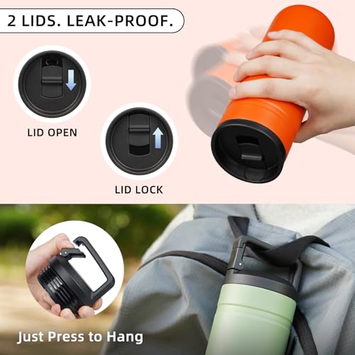Image of BJPKPK 20 oz Insulated Travel Water Bottle, Coffee Tumbler Stainless Steel | Double Wall Vacuum, Leakproof, Thermal, Keeps Hot /Cold, BPA Free, Dishwasher Safe, Spill Proof, Wide Mouth, 2 Lids, Orange