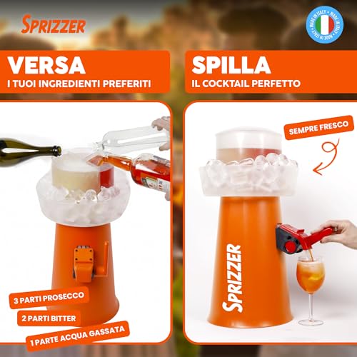 Sprizzer Machine per lo Spritz, Dispenser con Miscelatore per Aperitivo e Aperol Spritz, Contenitore per Ghiaccio, 3L, Erogatore Manuale senza Elettricità/Batterie, Arancione, Made in Italy - immagine 4