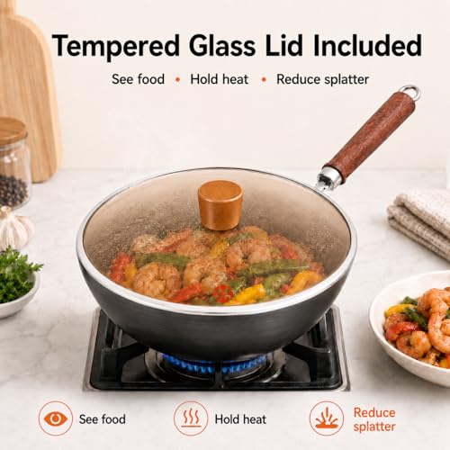 Image of WANGYUANJI 10.24-Inch Carbon Steel Wok with Lid, Flat Bottom Small Wok Pan for 1-3 Servings, Uncoated Stir Fry Pan, Glass Lid, Induction /Gas /Electric Compatible, Wood Handle, Black