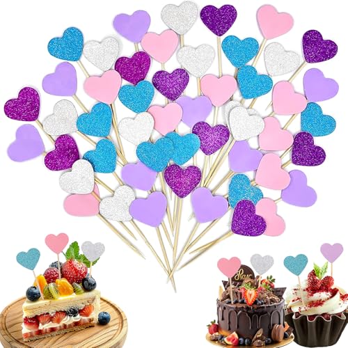 Ornamentos de Cupcakes de coração, 50 peças decorações de uffins, decoração para Cupcakes decoração para bolos multicoloridos Cupcake Toppers para festas de aniversário, festa de casamento, Baby