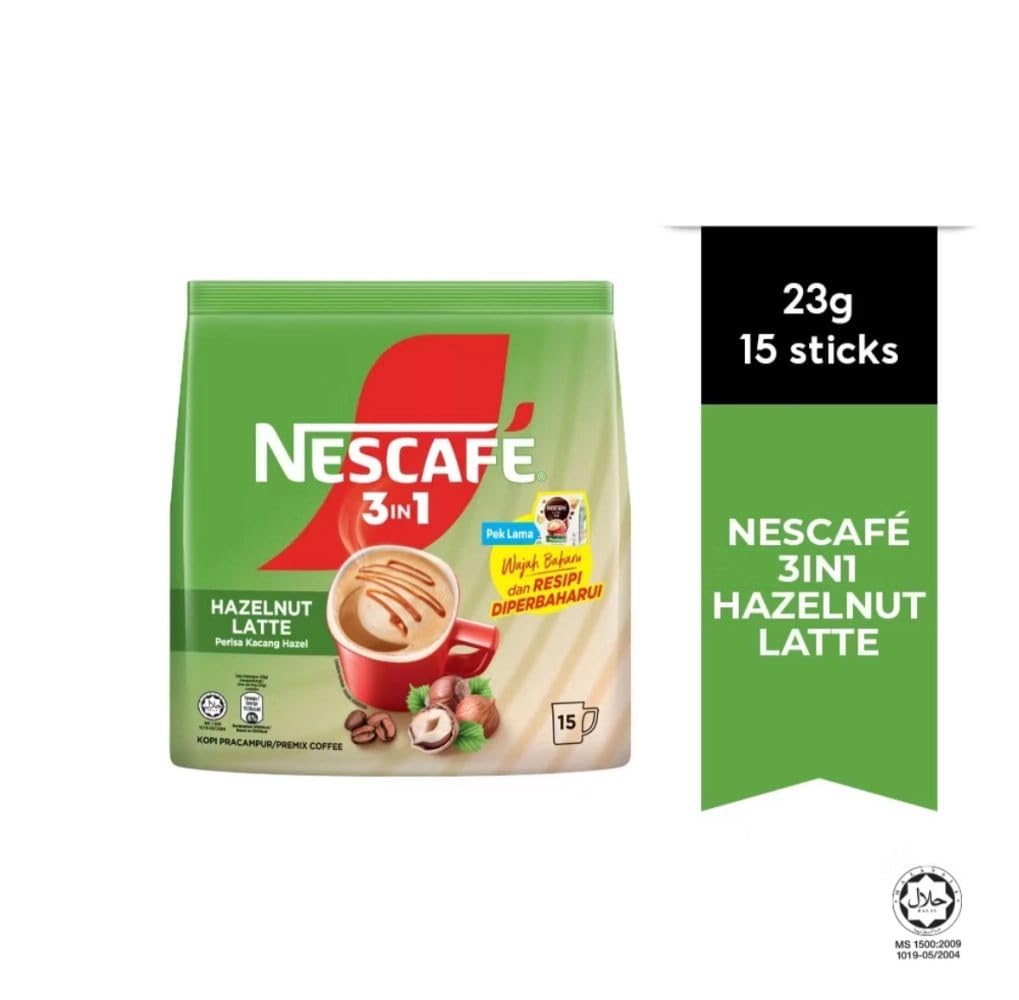 NESCAFE 3-in-1 Hazelnut Latte Instant Coffee Premix, 15 Sachets Pack, Rich Creamy Blend with Roasted Hazelnut Flavor 345g (Product Of Malaysia) DECADENT FOODS 3