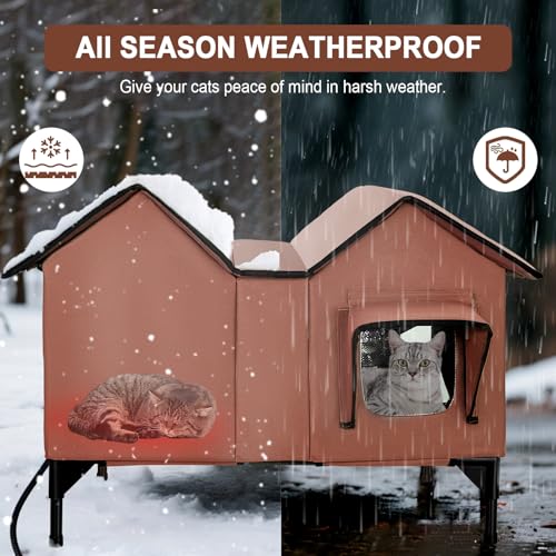 Beheiztes Katzenhaus, Vergrößerte Katzenhaus Outdoor Winterfest Isoliert mit Fluchttüren und Heizpolster für Mehrere Katzen Hunde, Erhöhte Wasserfeste Robuste Katzenhöhle für Draußen (Braun)