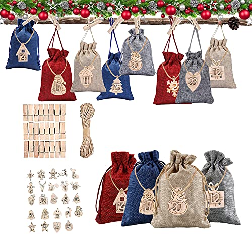 Sacos do calendário do Advento de Natal 24 dias Contagem regressiva Bolsas de estopa para presente Sacos Festival faça você mesmo Sacos de recheio de doces para decoração de escritório doméstico de natal (cor pura)