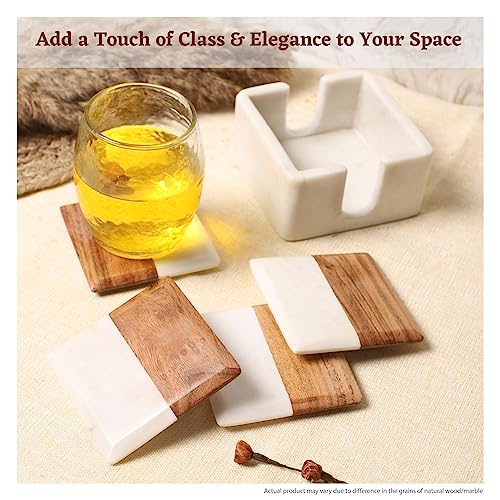 Image of DREAMY WALLS Marble Coasters Set of 4 with Holder, Acacia Wood Inlay, Dining Table Coasters for Hot Pots Tea & Coffee Mugs Table Coasters Decorative Items for Home Decor